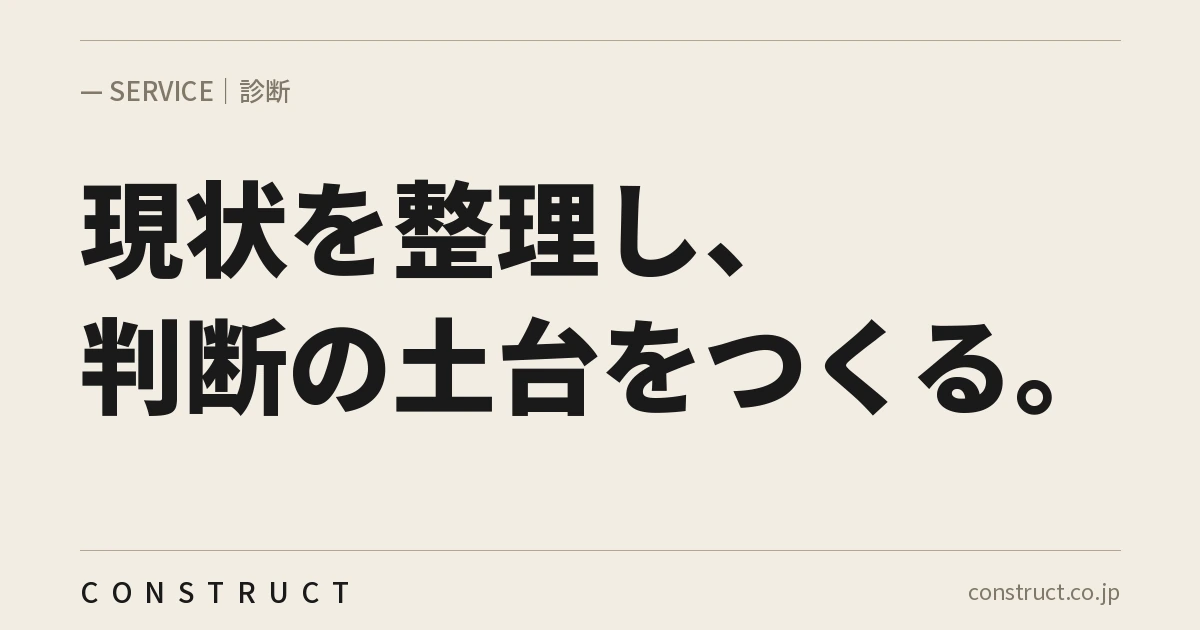 株式会社Constructの診断サービス画像。「現状を整理し、判断の土台をつくる。」と記載。